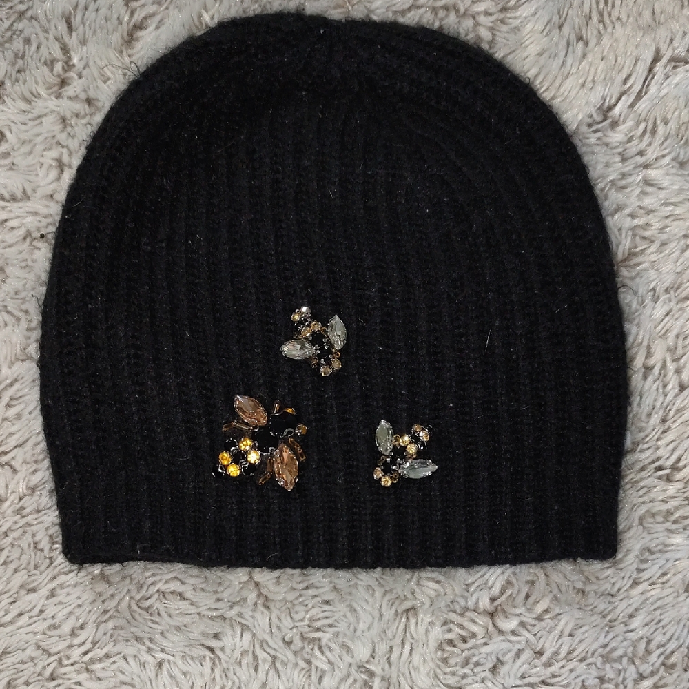 Express Black Ribbed Beanie with Gem Cluster Accents